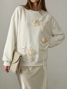 INAWLY Plus Size Women Casual Floral Decor Round Neck Drop Shoulder Sweatshirt, Autumn - Apricot - View 4