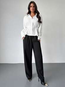 Firerie Women's Chic White Elegant Office Long Sleeve Blouse,Minimalist Autumn Commute A-Line Peplum Hem Shirt,Plain Pleat Button Fitted Collared Blouse,Fall - White - View 12