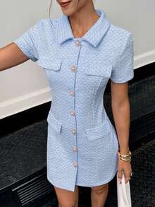 Siren Gaze 秋季必备女式格子短袖单排扣优雅迷你连衣裙 | 2025 新款秋装，返校季及教师装 | 复古学院风，正面金属纽扣点缀，适合日常通勤、办公室及秋季的必备学院风连衣裙，夏季工作连衣裙，翻领连衣裙，浅蓝色女式纽扣连衣裙，浅蓝色连衣裙，粗花呢连衣裙，女士夏季穿搭，时尚穿搭，复古穿搭，女士工作连衣裙 - 藍色 - 查看 7