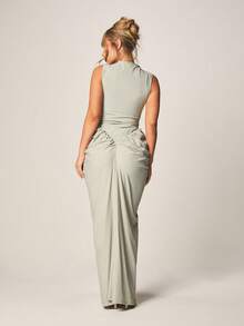 MISSGUIDED Sage Green Mock Neck Sleeveless Ruched Side Maxi Dress Evening Formal Floor Length Bodycon - Green - View 2