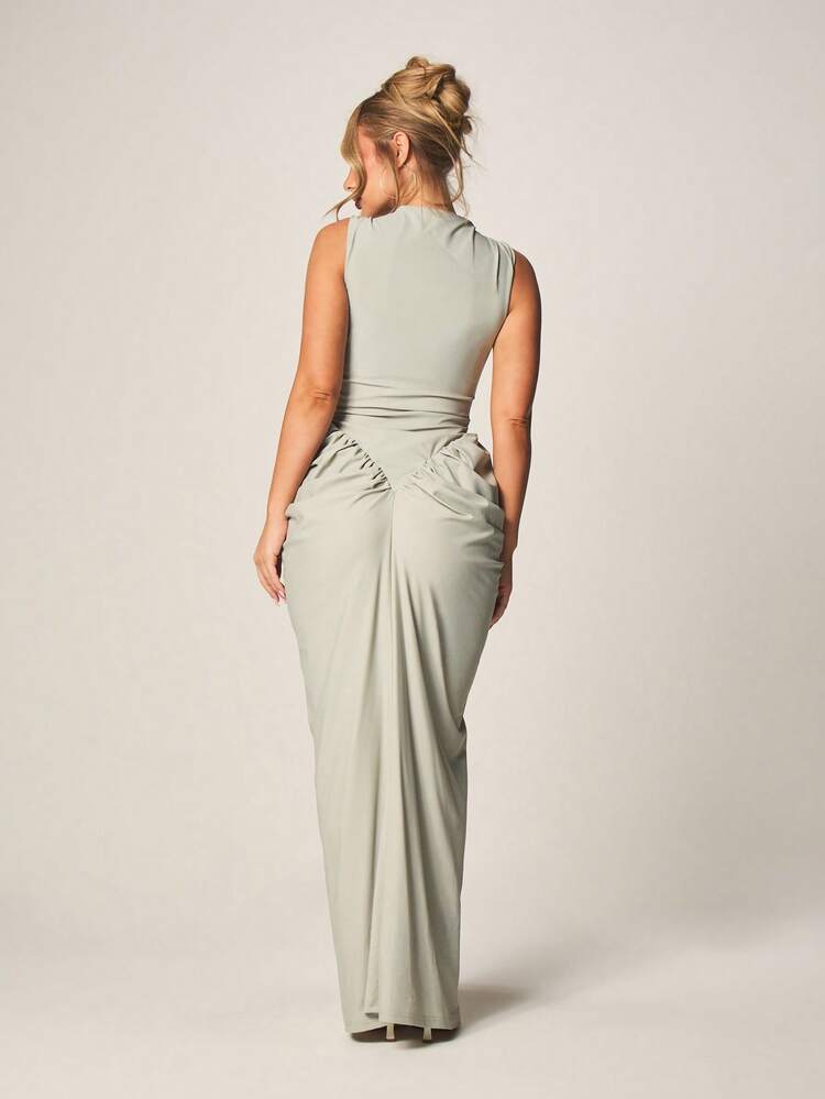 MISSGUIDED Sage Green Mock Neck Sleeveless Ruched Side Maxi Dress Evening Formal Floor Length Bodycon