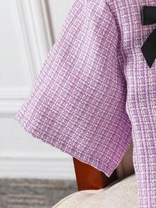 Tween 女孩休闲通勤 2 件套：蝴蝶结装饰短袖衬衫和褶皱迷你裙 - 紫色 - 查看 7