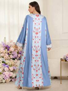 Al Najma Modest Multicolor Plus Size Arabian Dress With Random Print And Scoop Neck Long Flare Sleeves Flowy Flared Hem - Multicolor - View 3