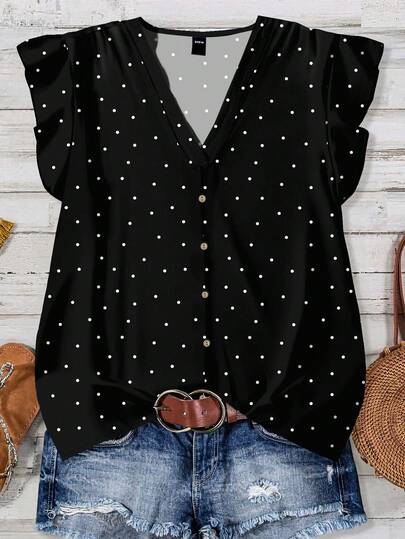 EMERY ROSE Casual Minimalist Vintage Coin Dot Print Pattern Women Shirt, Suitable For Summer
