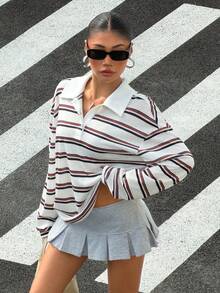 Muchica 女士条纹针织 Polo 领落肩长袖休闲 T 恤 - 彩色 - 查看 3