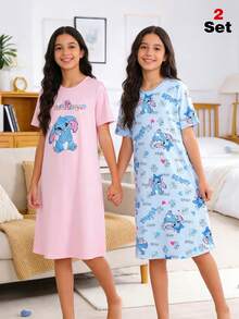 2件套少女睡衣，可爱兔子印花粉色和全身兔子印花蓝色针织圆领简约时尚长款睡袍家居服，春夏款 - 彩色 - 查看 3