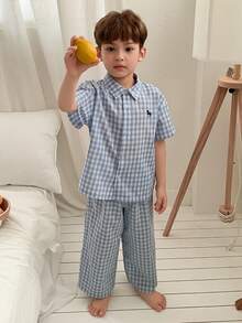 DAZY 男童落肩短袖纽扣格子休闲舒适透气家居服 - 藍色 - 查看 7