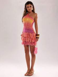 SHEIN BAE 法式复古渐变多色针织吊带连衣裙，休闲度假风，流苏下摆 - 彩色 - 查看 3