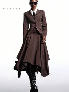 SHEIN LYSMO Petite 女士复古通勤条纹单排扣西装外套和半裙套装，秋季 - 咖啡棕 - 查看 8