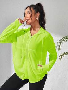 Sovereign Charm Women's Casual Commuter Solid Neon Green Drop Shoulder Loose Zip-Up Drawstring Hooded Sports Jacket - Green - View 1
