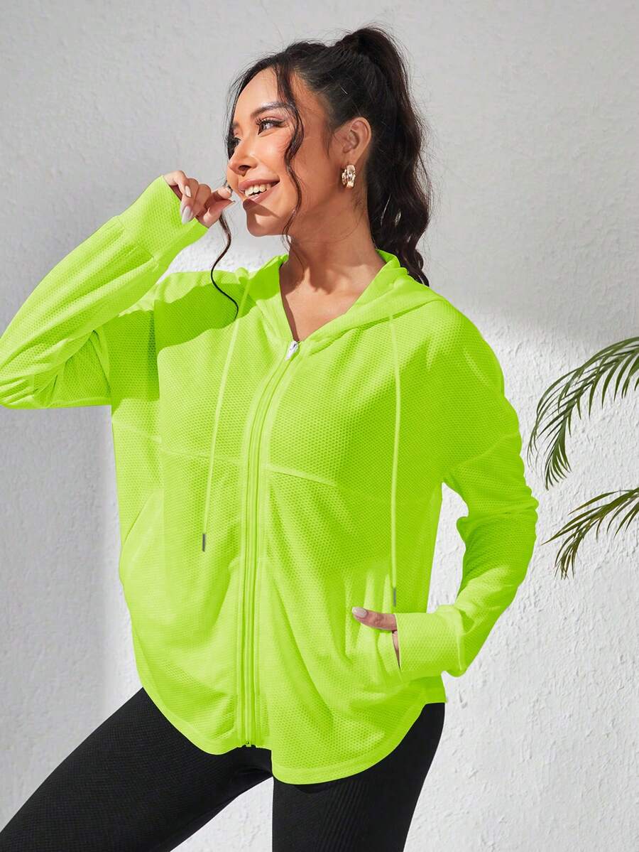 Sovereign Charm Women's Casual Commuter Solid Neon Green Drop Shoulder Loose Zip-Up Drawstring Hooded Sports Jacket - Green - View 1