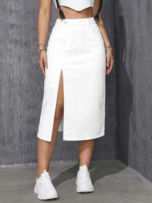 SHEIN ICON Chân váy denim nữ màu trơn, xẻ tà, thiết kế đơn giản - trắng - Xem 4