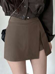 DAZY Women's Solid Color Side Slit Shorts, All Season School - Coffee Brown - View 5
