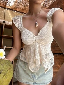 SHEIN Frenchy Women's Cream White Summer Boho Lace Top,Sweetheart Neck Sleeveless French V-Neck Ruffle Trim Hollow Crochet Blouses,Beach Vacation Holiday Party Top - Apricot - View 5