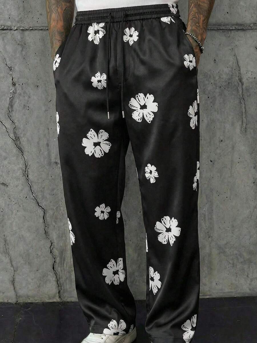 HIMLAND Men's Casual Floral Print Drawstring Waist Slant Pocket Loose Pants, Vacation Style - Black and White - View 1