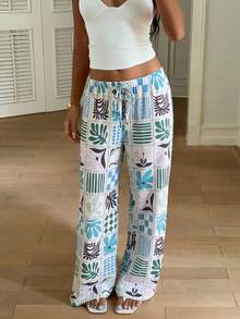 Aloruh Quần nữ kiểu dáng thường ngày, in họa tiết toàn thân, cạp chun, có dây rút. - Màu xanh lam - Xem 5