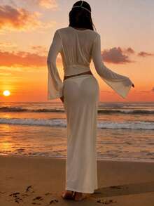 Aloruh Dam Nytt Chiffong-set med omslag, sexigt och elegant, semesteroutfit, enfärgat, aprikosfärgat, strandkläder, 2-delat set, urringad, långärmad topp + midikjol med låg midja och a-linjeform. - Aprikos - Visa 3