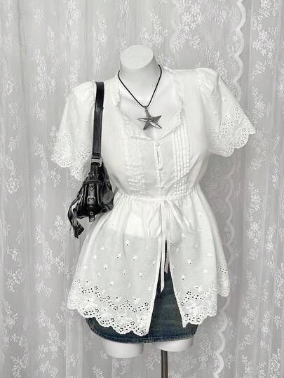 Sunspun 大码女式花卉刺绣结饰设计休闲通勤短袖衬衫