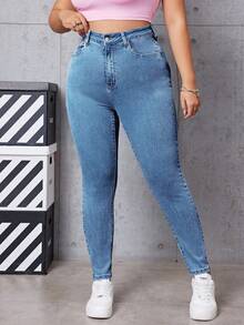 SHEIN EZwear 大码高腰修身休闲日常百搭牛仔裤 - 藍色 - 查看 3