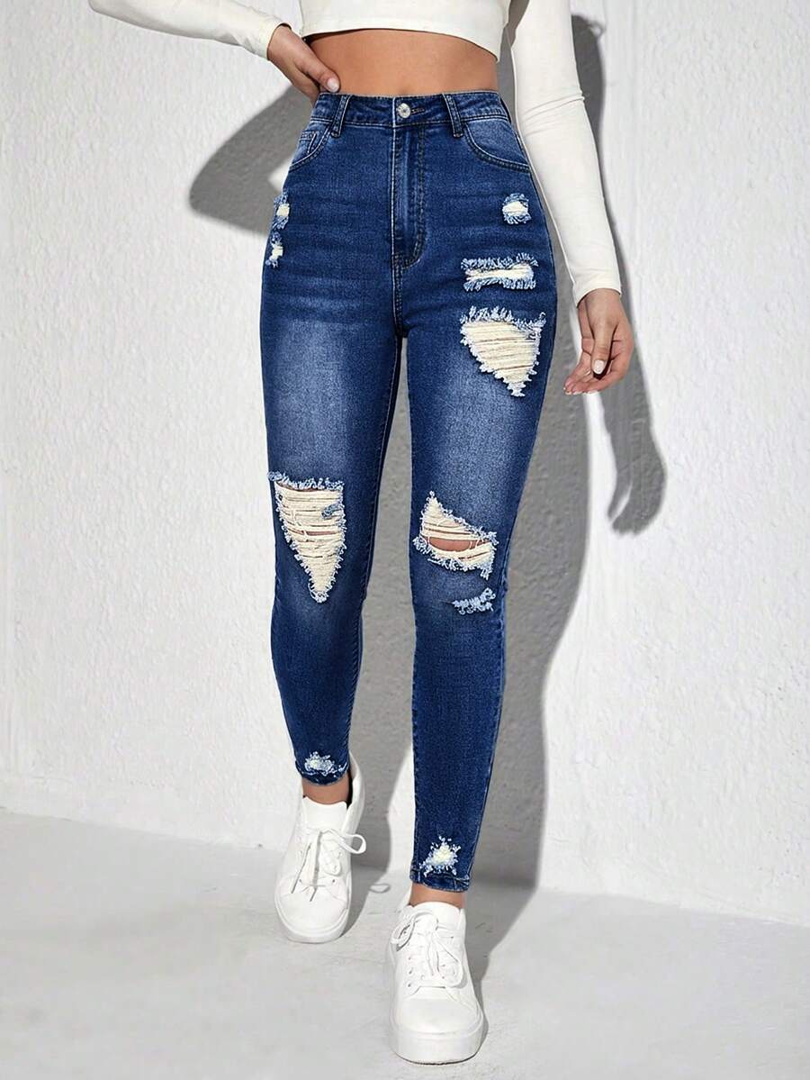 Jeanoix Quần jeans ống ôm cạp cao rách nhẹ, kiểu dáng thường ngày. - Rửa tối - Xem 1
