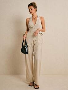 Poéselle 女士条纹印花露背无袖上衣和长裤优雅套装 - 杏色 - 查看 4