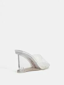 Glitzique 女士夏季新款高跟拖鞋透明厚底拖鞋时尚不对称水晶高跟凉鞋 - 銀色 - 查看 3