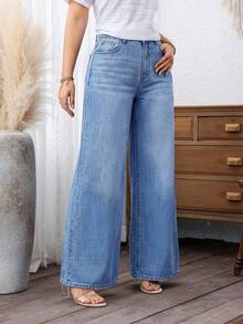 EMERY ROSE Plus Size Women Casual Washed Slant Pocket Loose Wide Leg Jeans - Light Wash - View 3