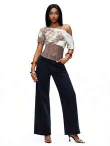 TypaGal 女士夏季时尚街头休闲通勤扎染印花不对称领口拼接透视蕾丝修身衬衫 - 棕色 - 查看 1