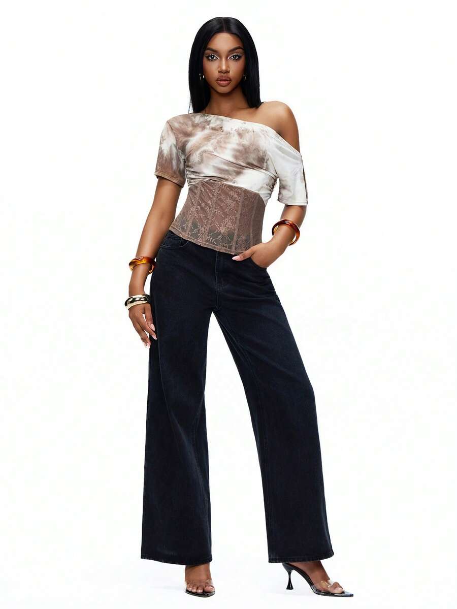 TypaGal 女士夏季时尚街头休闲通勤扎染印花不对称领口拼接透视蕾丝修身衬衫 - 棕色 - 查看 1