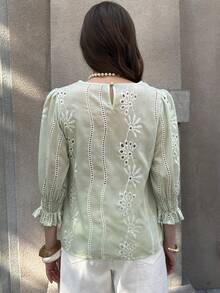 Solivie Women's Spring/Summer Embroidered Blouse, Green Top, Elegant For Vacation, Outings, Easter Summer Tops Summer Holiday Outfits - Mint Green - View 2