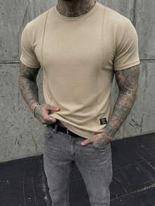 Manfinity VCAY 男式字母贴花弧形下摆T恤，夏季 - 杏色 - 查看 5