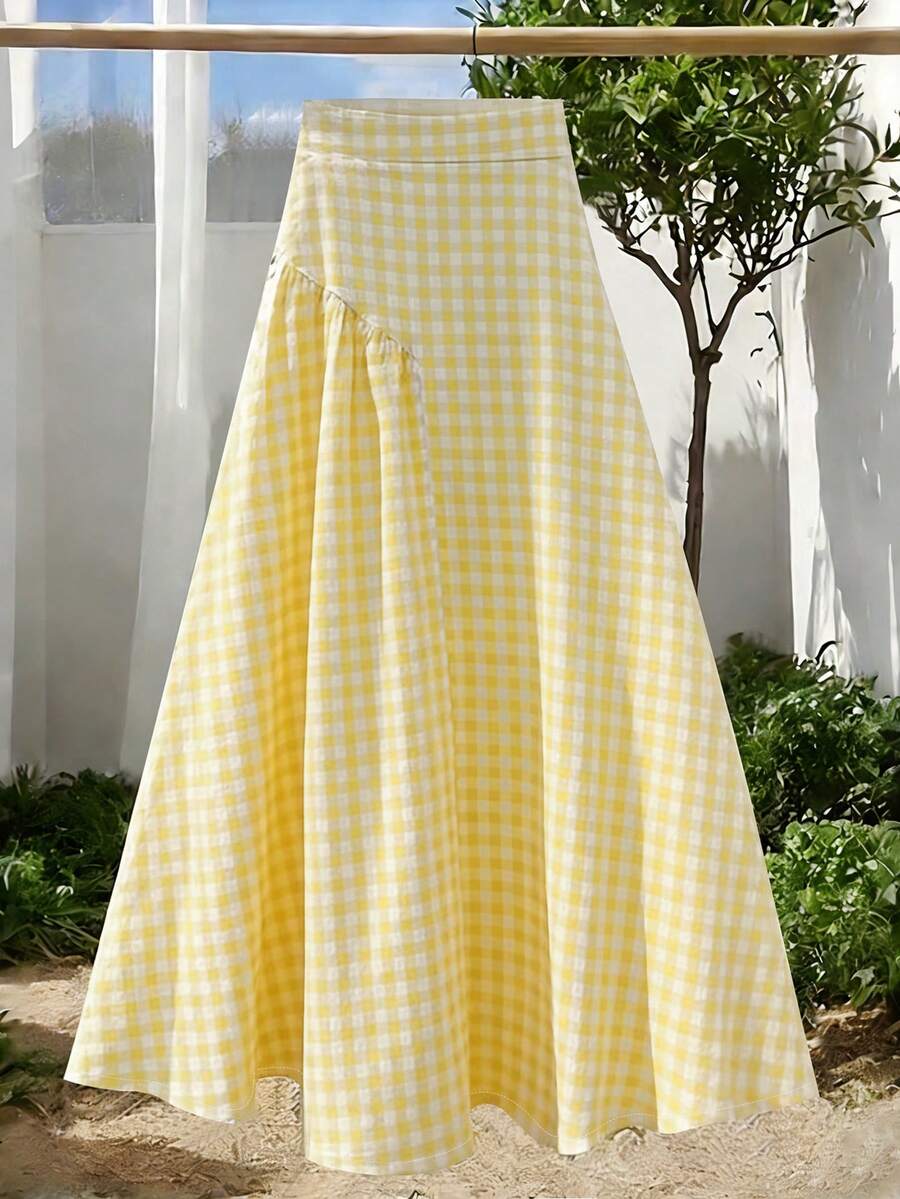 GlowEve 女士浅黄色泡泡纹理面料高档褶裥喇叭裙，休闲度假风，适合情人节、复活节、劳动节、生日、约会、派对、海滩、旅行、春夏等场合。 - 淡黃色 - 查看 1