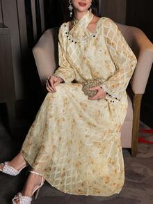 Yasmyna 女士优雅阿拉伯风格编织纹理长袖亮片荷叶边系带连衣裙，春夏款 - 彩色 - 查看 4