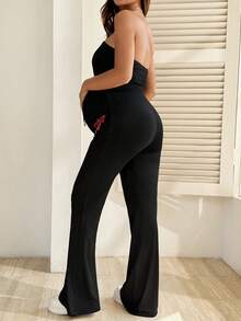 SHEIN 2pcs Maternity Casual Cherry Print Tube Top And Flare Pants Set, Summer - Black - View 2