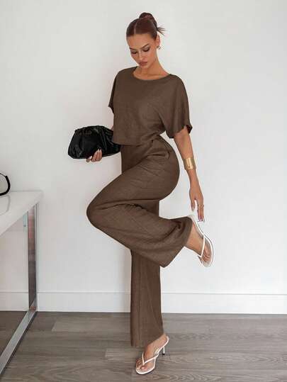 Siren Gaze 2pcs Women Solid Color Pleated Shirt And Pants Casual Suit 2 Piece Casual Sets Woman Brown Two Piece Set Women