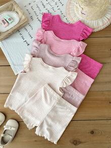 SHEIN Bộ 8 món cho bé gái 0-3 tuổi, mùa xuân/hè, kiểu dáng thường ngày, dễ thương, màu trơn, dệt kim tay ngắn bất đối xứng và quần short. - Nhiều màu - Xem 2