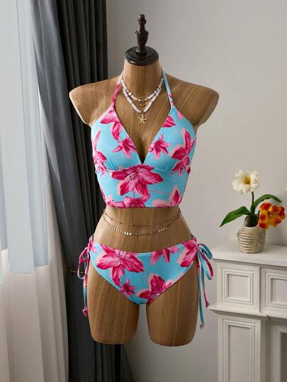 Bellisia 两件套撞色印花罗纹面料泳衣，春夏海滩度假