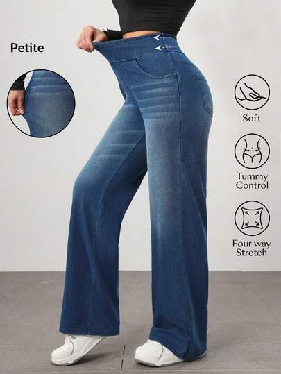 Flexra Petite Women's Elastic Waist Pockets Wide Leg Loose Casual Jeans Pants Custom-Designed For Petites. A Perfect Fit For The 150-160cm Build