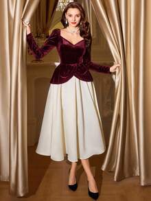 Vintamour Vintage Elegant Women's Velvet & Satin Patchwork Heart Neck Floral Midi Dress Party/Cocktail/Formal Gown Winter Clothes For Women Women's Winter Clothes Winter Outfit For Women Christmas Looks Christmas Outfit For Women Christmas Clothes New Year Clothes New Year Outfit New Year Women Women's Winter Dress Christmas Dresses For Women Christmas Party Dress New Year Dress Elegant Dresses For Party Dresses For Women Elegant Dress - Burgundy - View 1