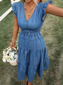 Breezaya 女士休闲V领短袖连衣裙，夏季 - 藍色 - 查看 4