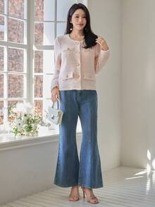 DAZY 女士优雅圆领假口袋常规款外套，春季 - 粉色 - 查看 3