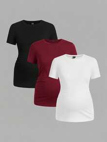 Modmama Maternity Casual Solid Color Elastic Round Neck Short Sleeve T-Shirt, Summer - Multicolor - View 15