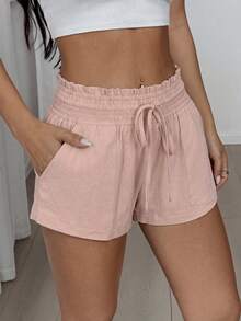 SHEIN EZwear 女士休闲抽绳腰侧口袋粉色短裤，适合日常通勤和夏季穿着 - 粉色 - 查看 3