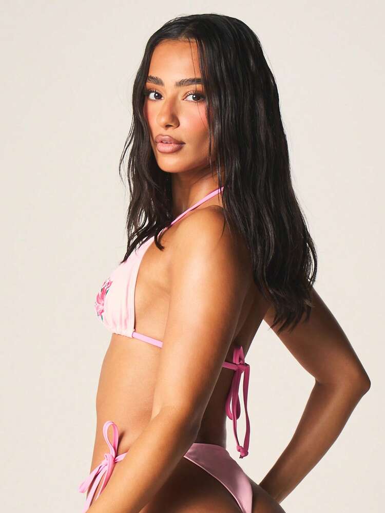 MISSGUIDED Floral Embroidered Halter Bikini Set With Tie Side Bottoms Triangle Top Summer Beach Swimwear