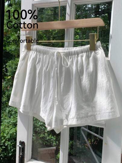 Comfortcana Plusstorlek Casual Lösa Dragsko Enfärgade Shorts, Vår/Sommar