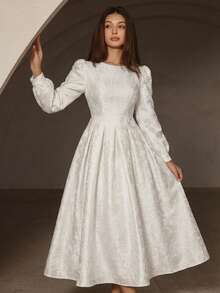 Aveloria Rosie 红黑撞色提花面料圆领收腰蓬蓬裙优雅长袖连衣裙 - 白色 - 查看 4