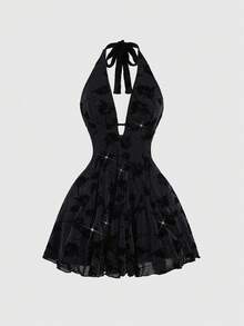 Sweetra Women's Fashionable Party Cinching Waist Halter Backless Dress, Summer - Black - View 1