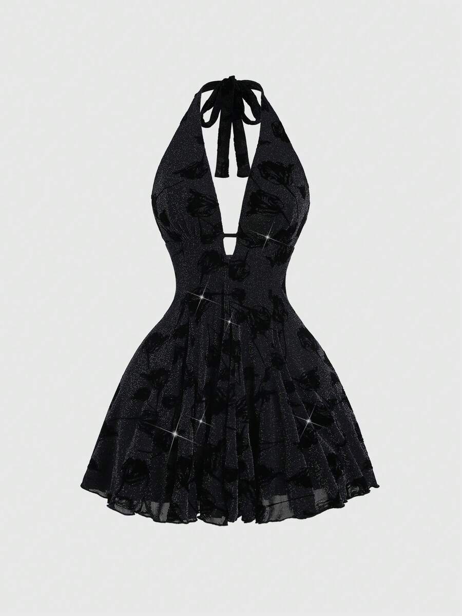 Sweetra Women's Fashionable Party Cinching Waist Halter Backless Dress, Summer - Black - View 1