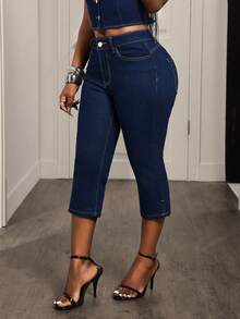 Slaydiva Women's Fashionable Casual Denim Skinny Capri Pants - Dark Wash - View 3