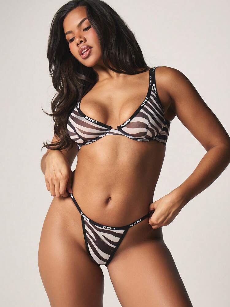 Missguided x Playboy Zebra Print Mesh Plunge Bra And Thong Lingerie Set With Branding Intimate Underwear